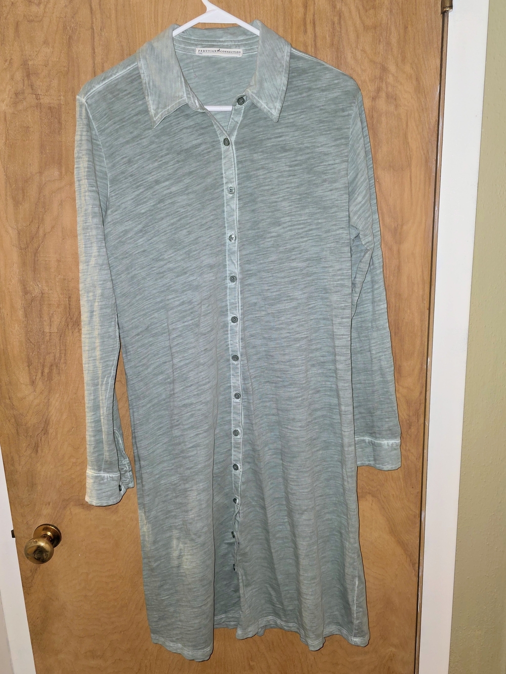 Peruvian Connection L Long-Sleeve Button Front Shirt Dress Sage 100% Cotton